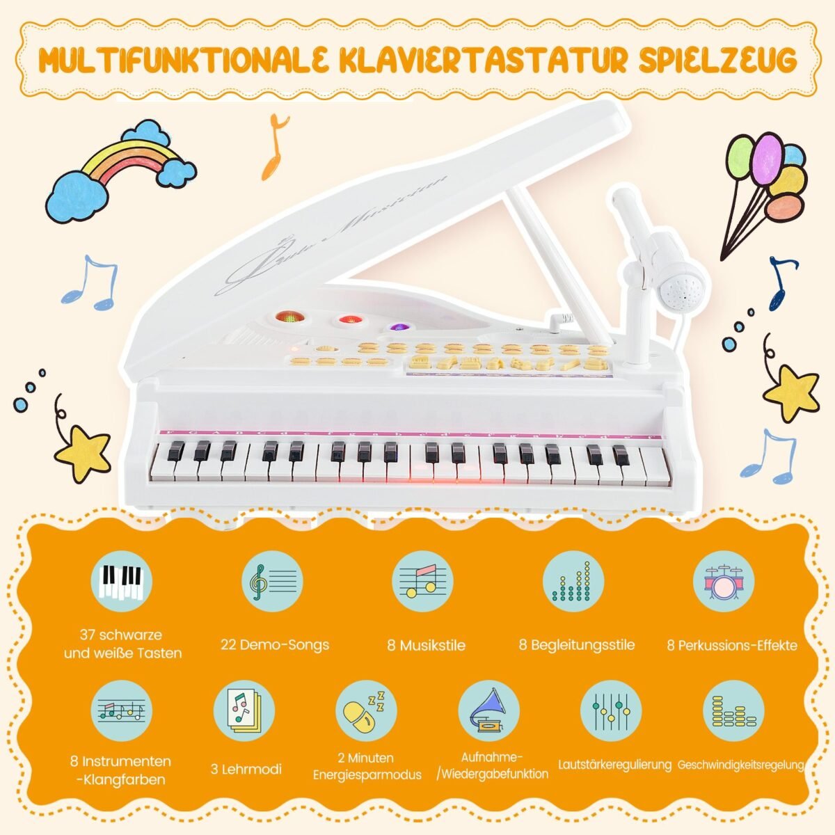 Elektroninis 37 klavišų instrumentas su kėdute (Balta)