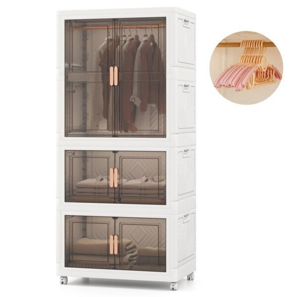 Nešiojama drabužių spinta su 10 pakabų ir ratukais 421L (Balta)