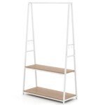 Laisvai pastatoma drabužių kabykla su dviem lentynomis (Natūrali + Balta)