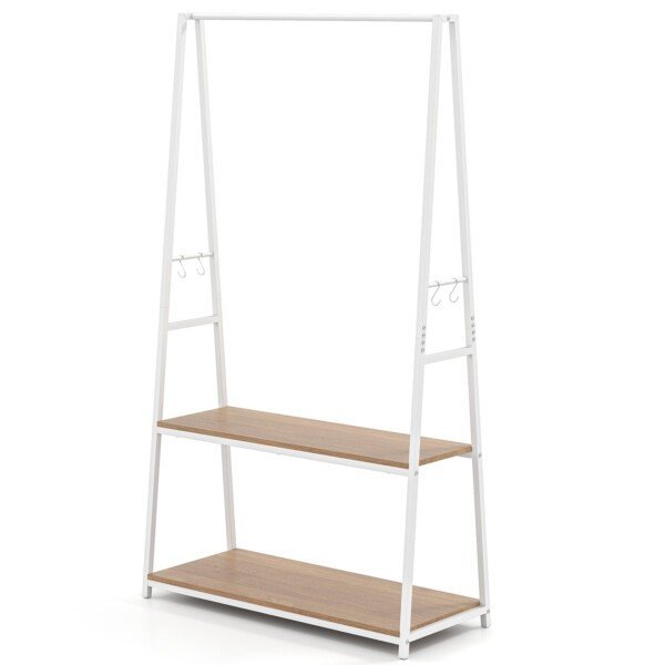 Laisvai pastatoma drabužių kabykla su dviem lentynomis (Natūrali + Balta)