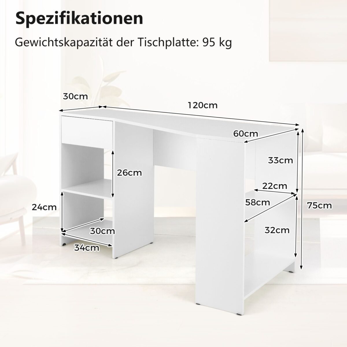 Kampinis rašomasis stalas su stalčiais ir lentynomis (Balta)