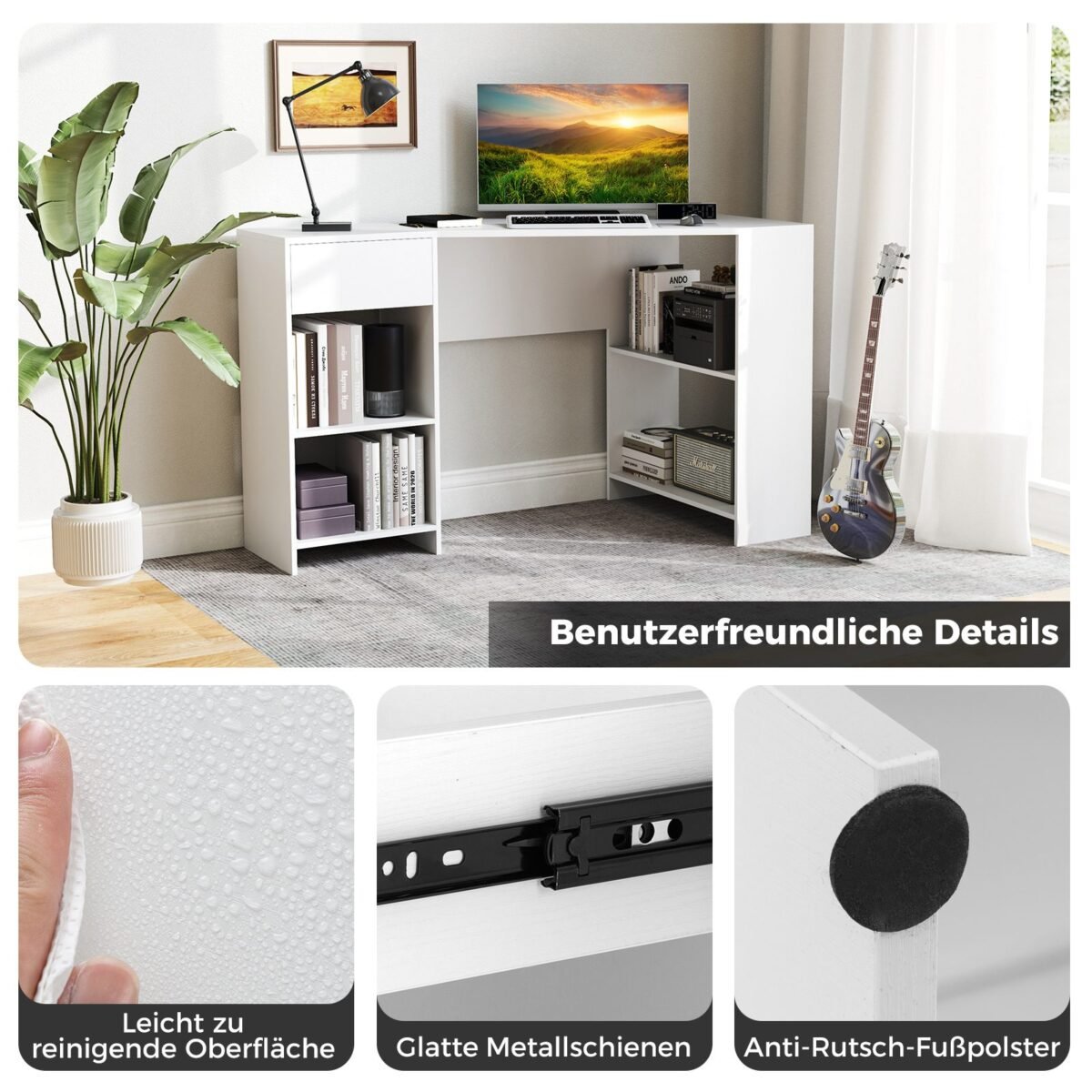 Kampinis rašomasis stalas su stalčiais ir lentynomis (Balta)