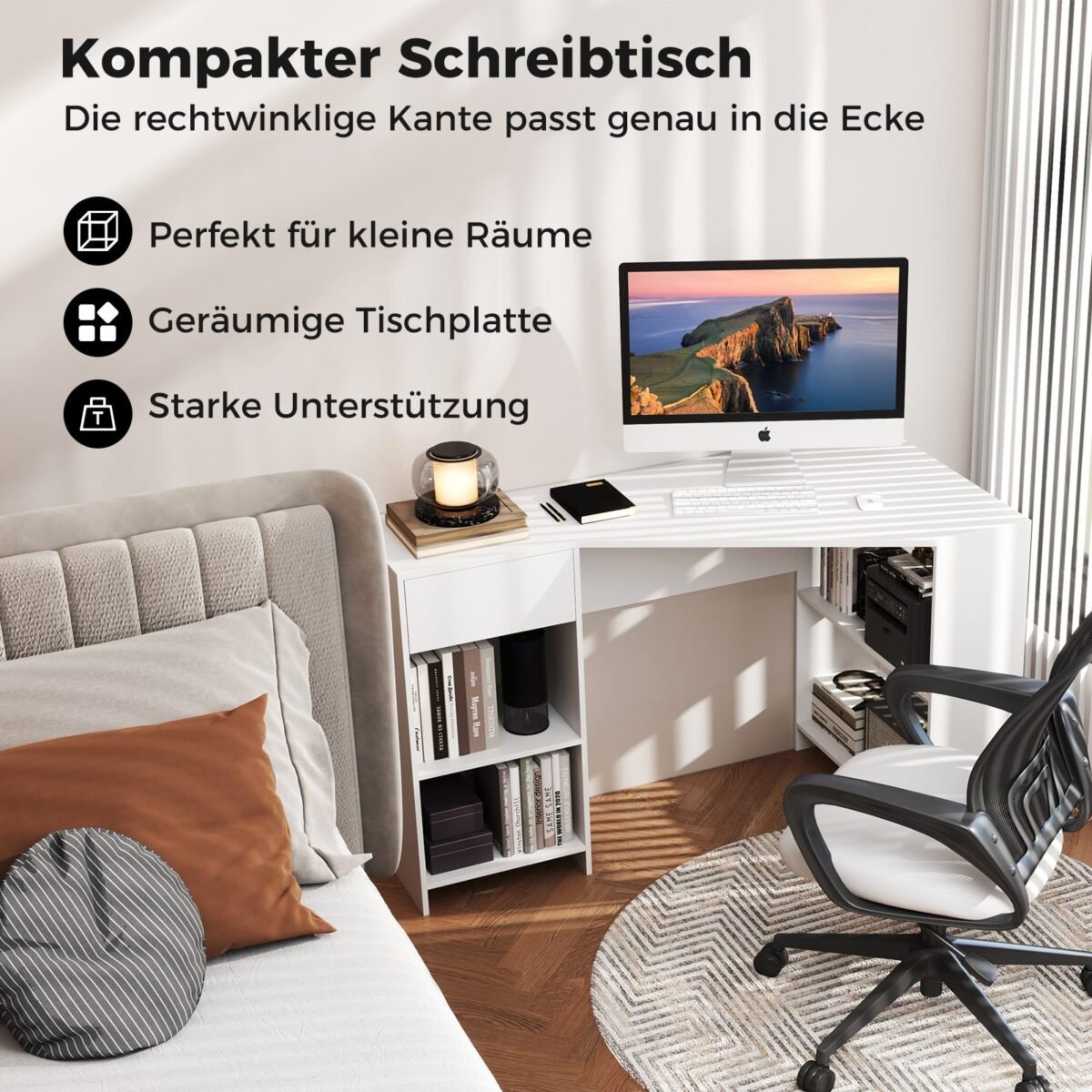 Kampinis rašomasis stalas su stalčiais ir lentynomis (Balta)