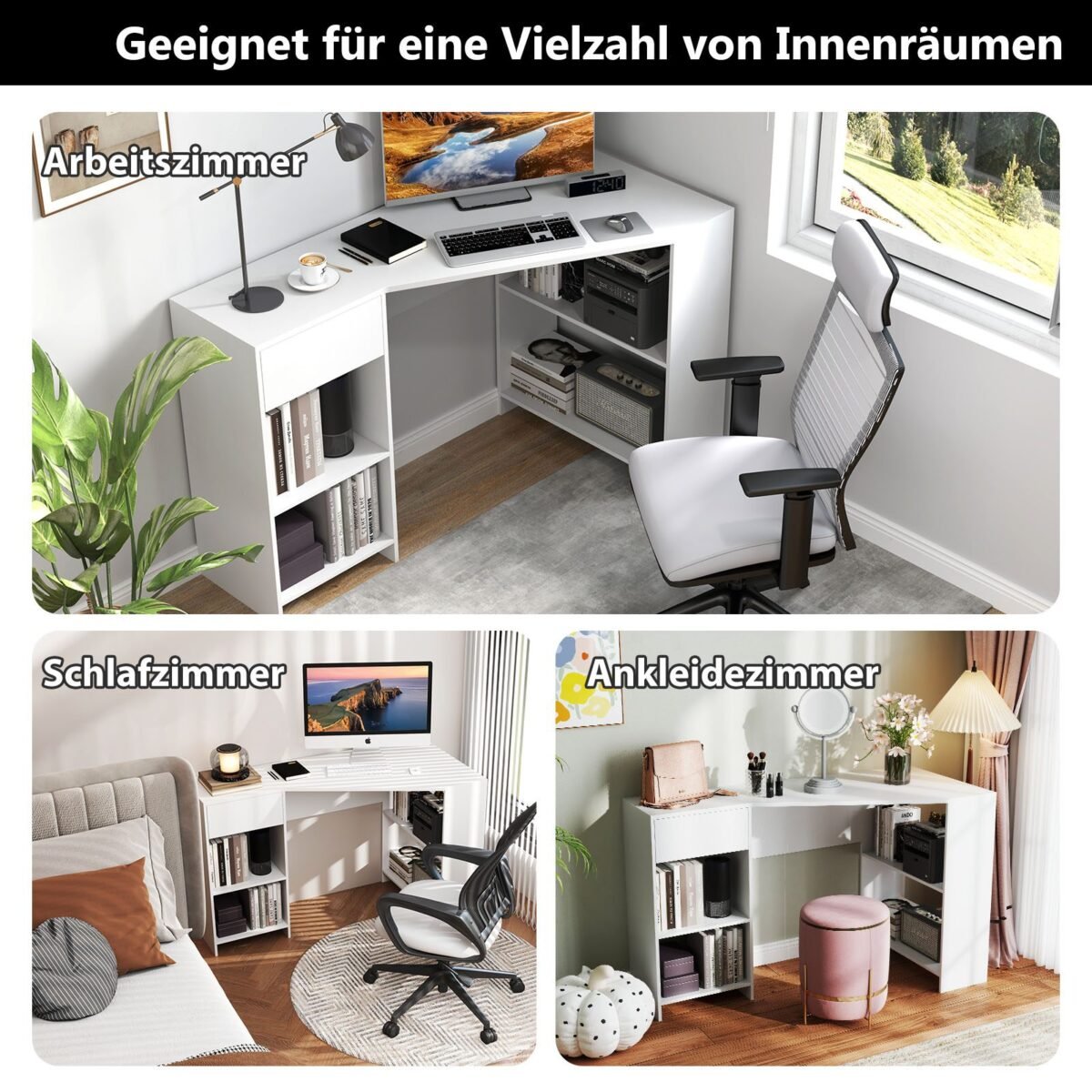 Kampinis rašomasis stalas su stalčiais ir lentynomis (Balta)