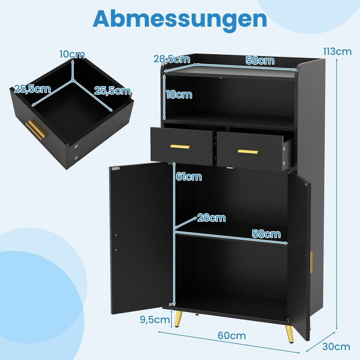 Daugiafunkcė virtuvės spintelė su dvigubomis durimis ir dviem stalčiais (Juoda)
