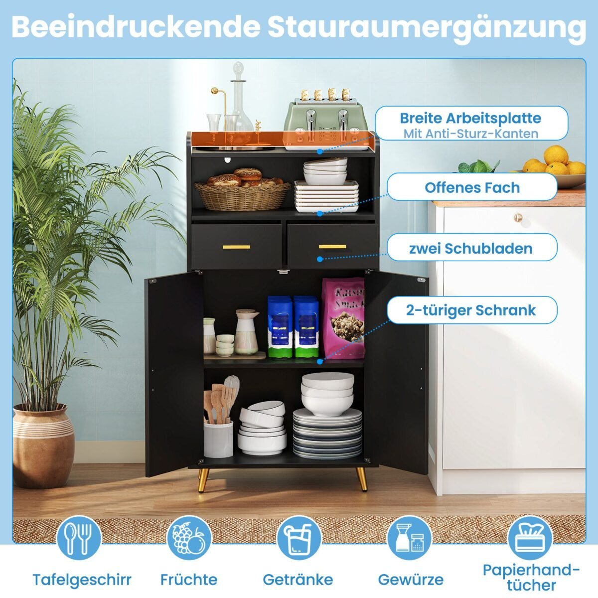 Daugiafunkcė virtuvės spintelė su dvigubomis durimis ir dviem stalčiais (Juoda)