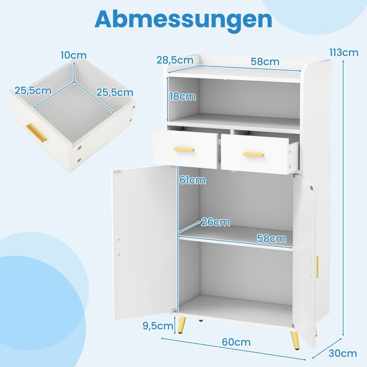 Daugiafunkcinė virtuvės spintelė su dviem durelėm ir stalčiais (Balta)