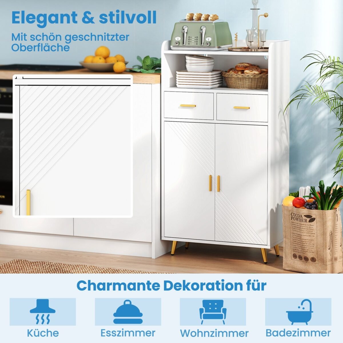 Daugiafunkcinė virtuvės spintelė su dviem durelėm ir stalčiais (Balta)