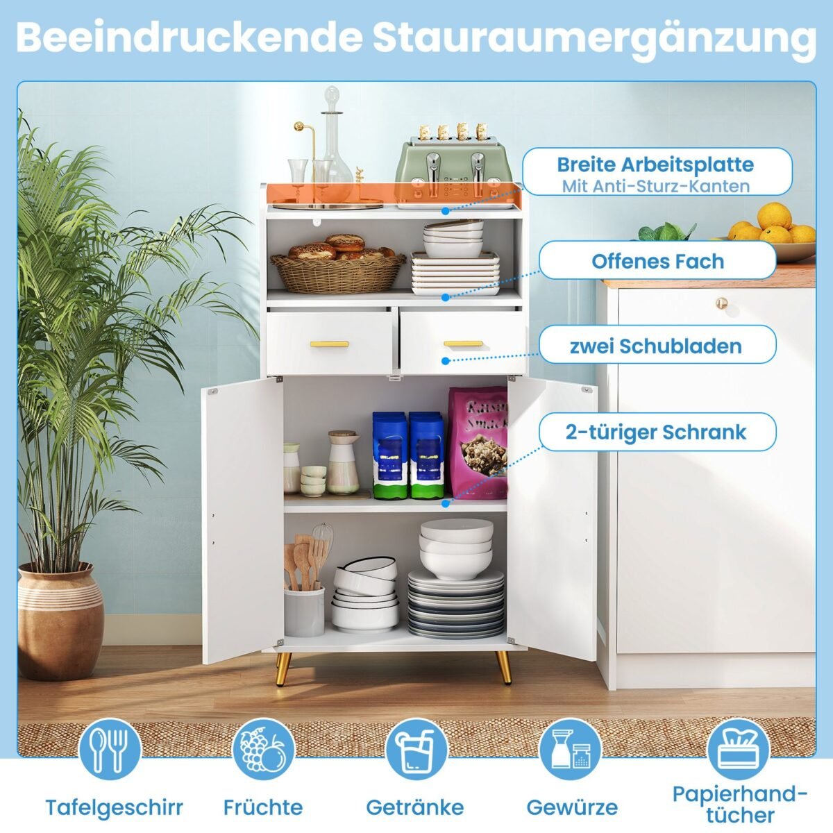 Daugiafunkcinė virtuvės spintelė su dviem durelėm ir stalčiais (Balta)