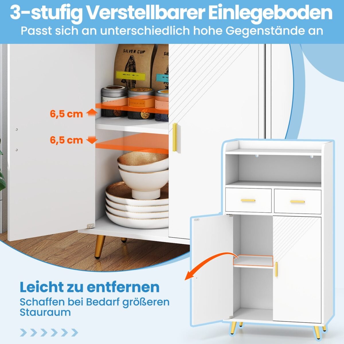 Daugiafunkcinė virtuvės spintelė su dviem durelėm ir stalčiais (Balta)