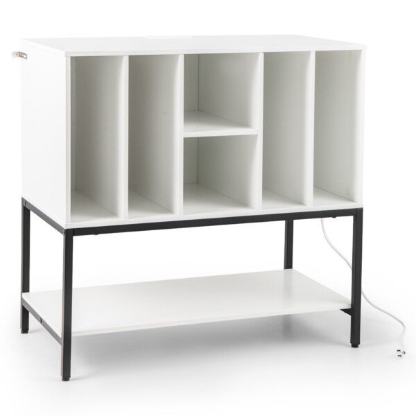 Pastatomas patefono stovas su integruota įkrovimo stotele ir vietos plokštelių laikymui (Balta)