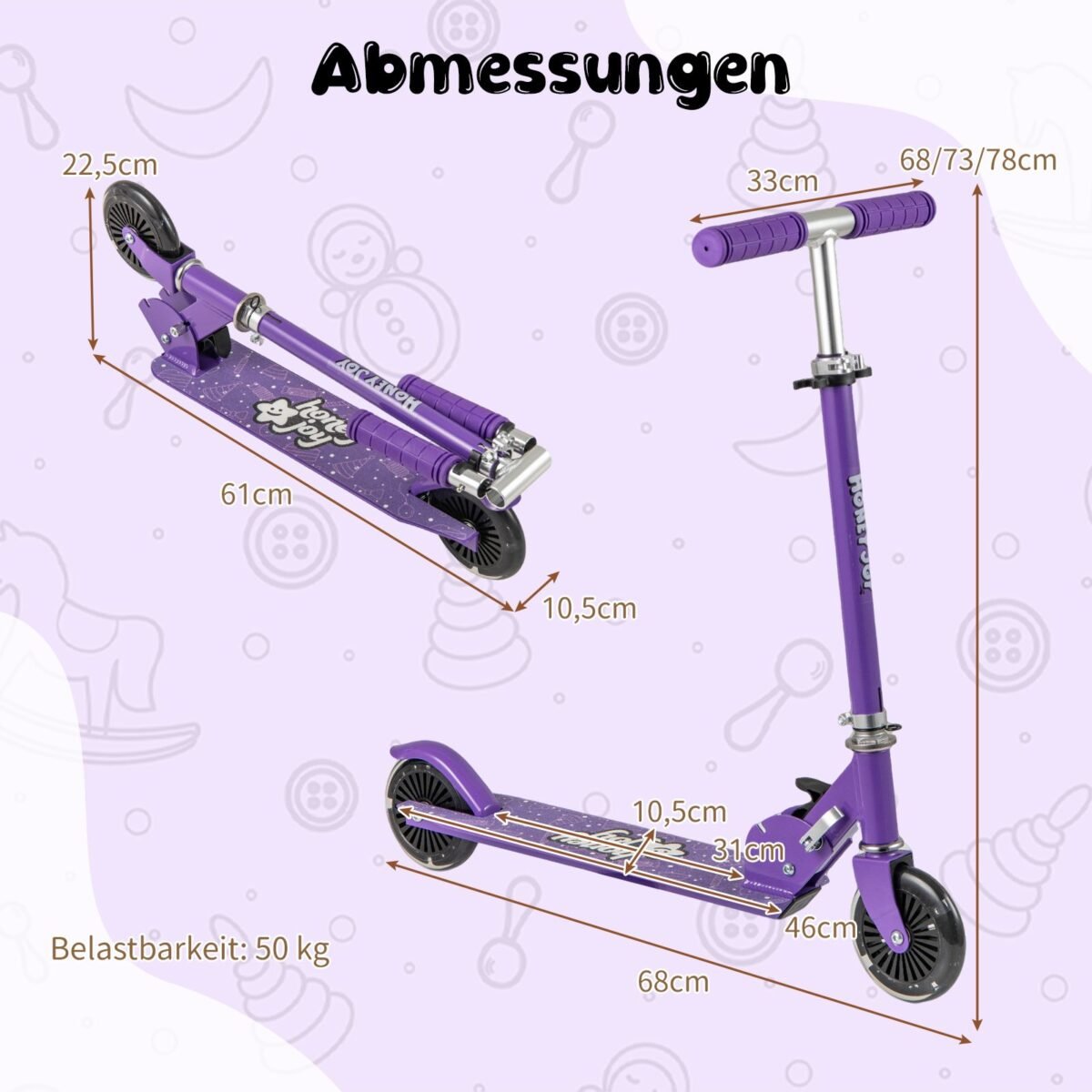 Sulankstomas paspirtukas su LED ratukais ir reguliuojamu vairu (Violetinė)
