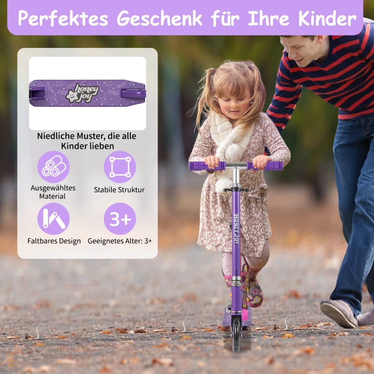 Sulankstomas paspirtukas su LED ratukais ir reguliuojamu vairu (Violetinė)