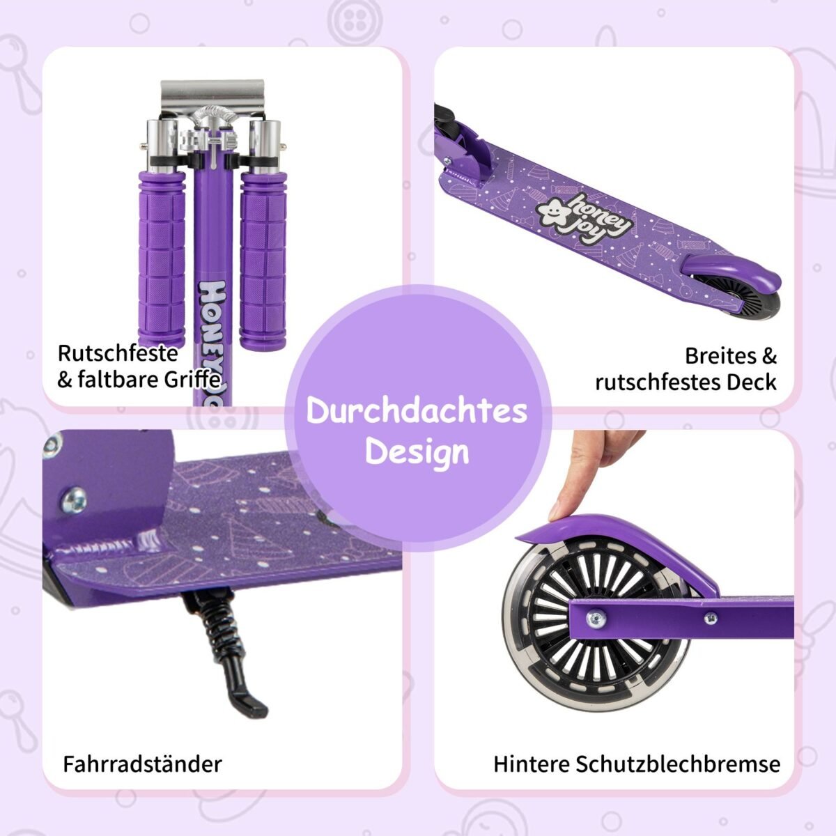 Sulankstomas paspirtukas su LED ratukais ir reguliuojamu vairu (Violetinė)