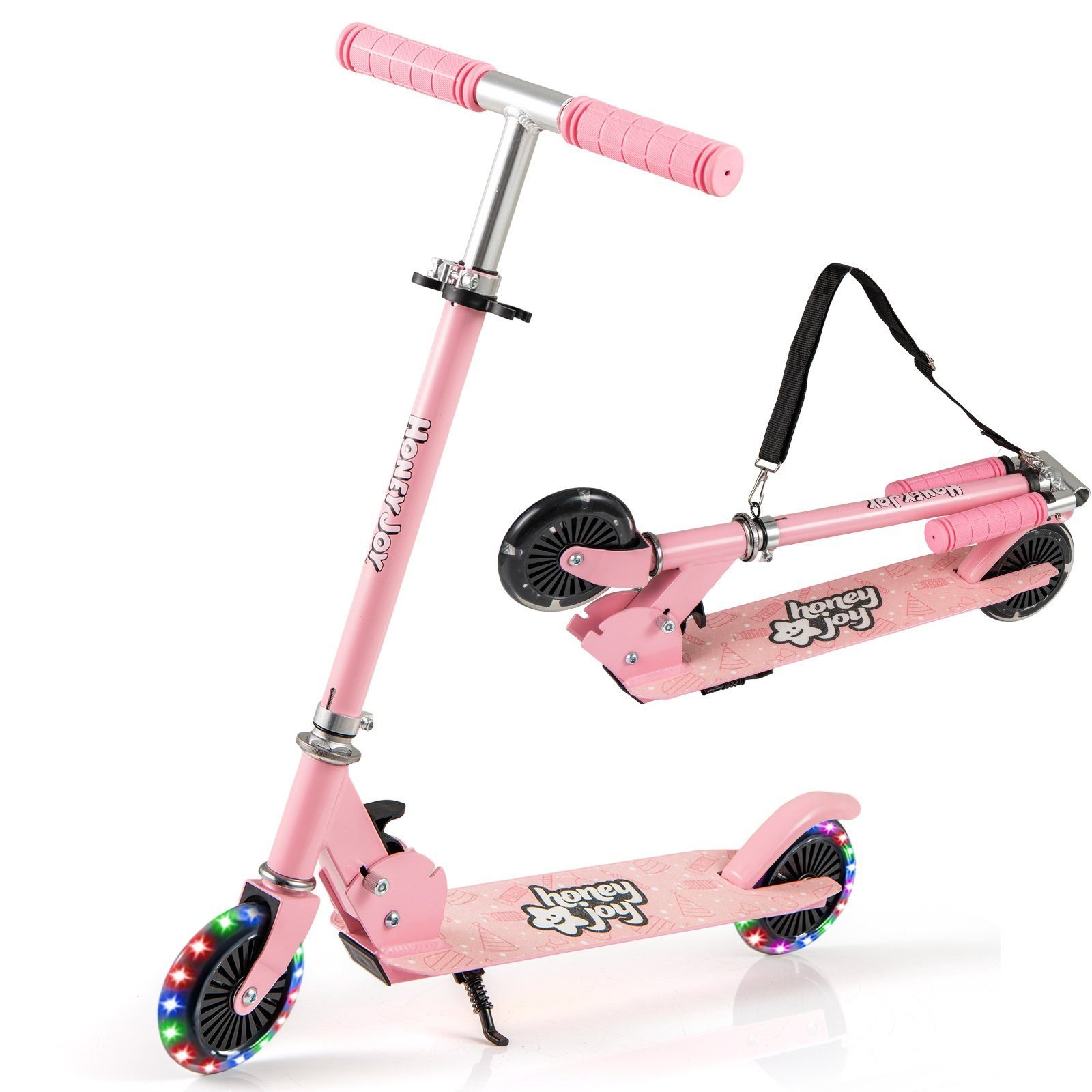 costwayrollerkinderklappbarkinderrollermitledrderlenkerstndertragegurtscooterhhenverstellbartretrollercityrollerkickscooterfrjungenmdchenab3jahrenrosa_1752197589344_image_2 Sulankstomas paspirtukas su LED ratukais ir atrama (Rožinė)