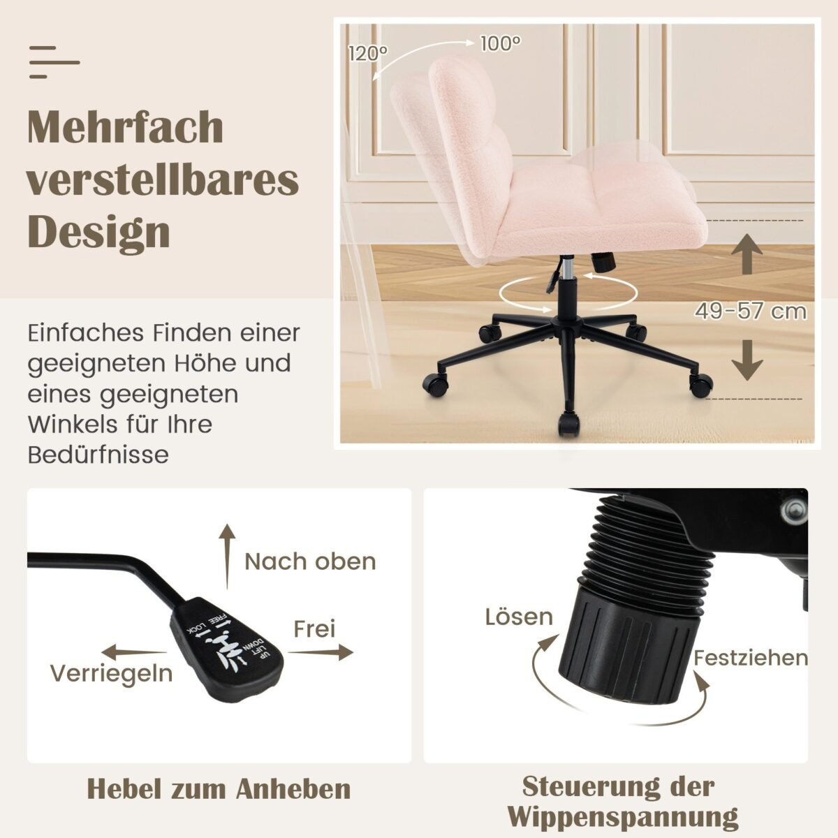 Biuro kėdė su ratukais ir plačia sėdimąja dalimi (Rožinė)