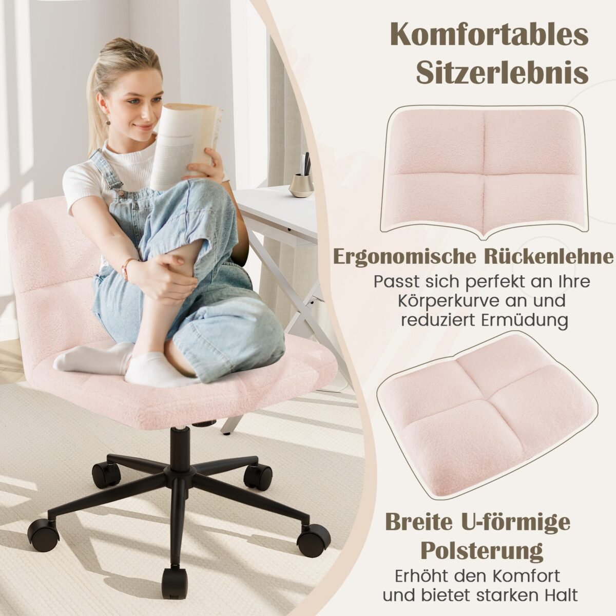 Biuro kėdė su ratukais ir plačia sėdimąja dalimi (Rožinė)