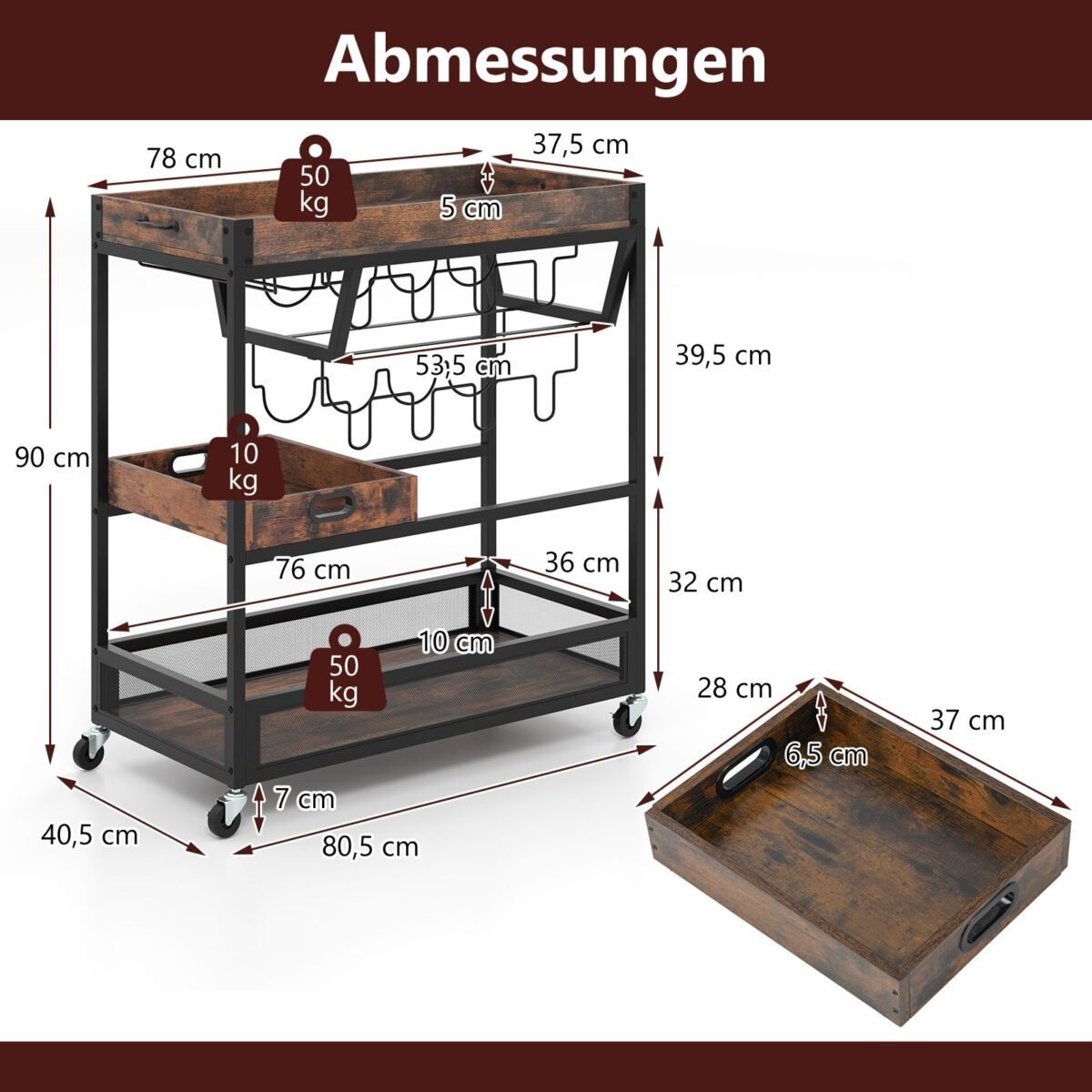 Vežimėlis paslaugoms su nuimamu padėklu ir vyno laikikliu (Rudas)