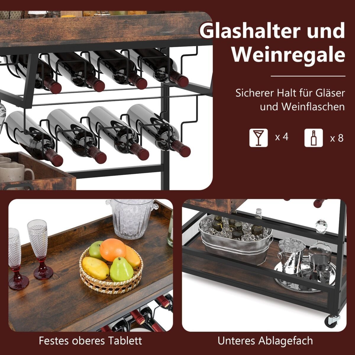 Vežimėlis paslaugoms su nuimamu padėklu ir vyno laikikliu (Rudas)