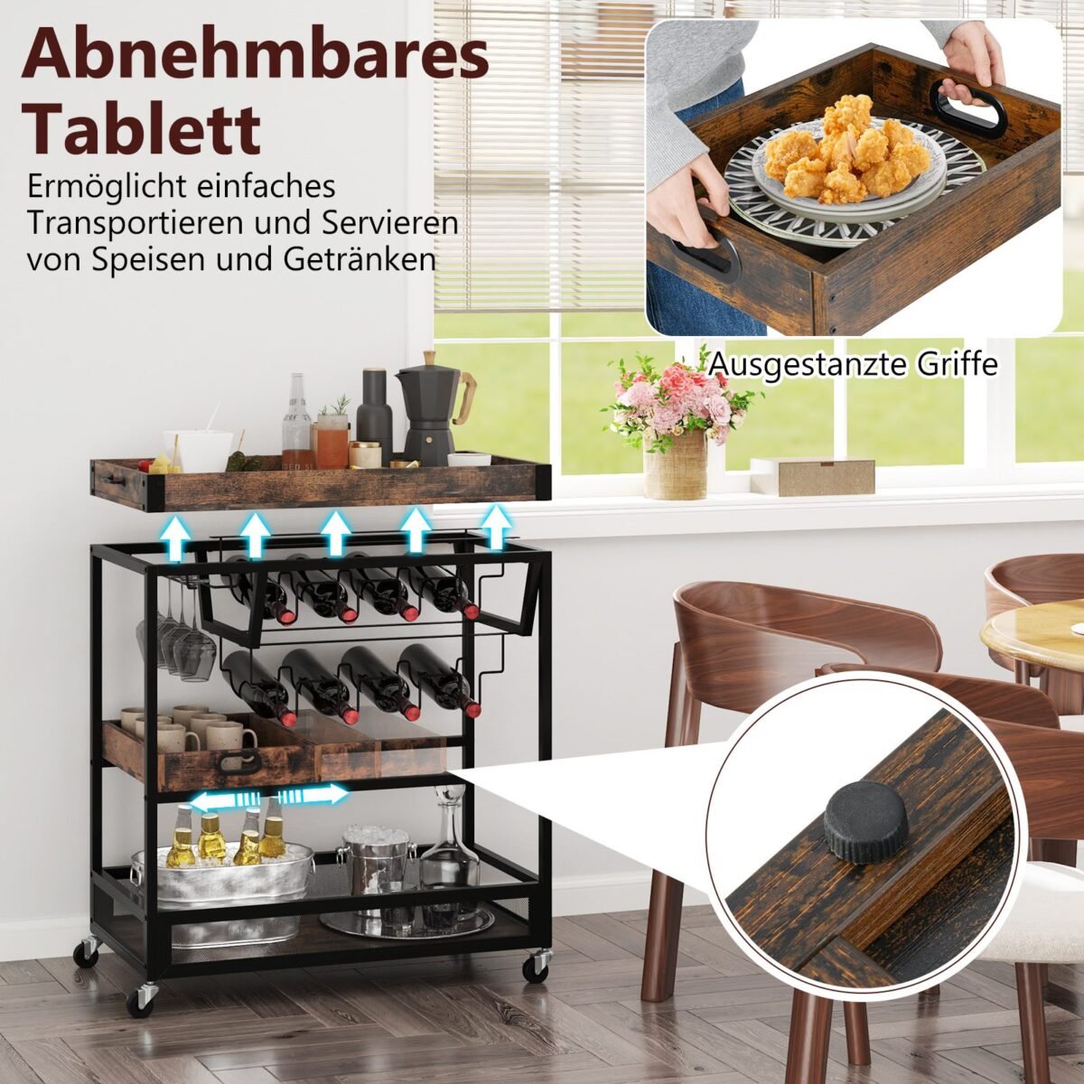 Vežimėlis paslaugoms su nuimamu padėklu ir vyno laikikliu (Rudas)