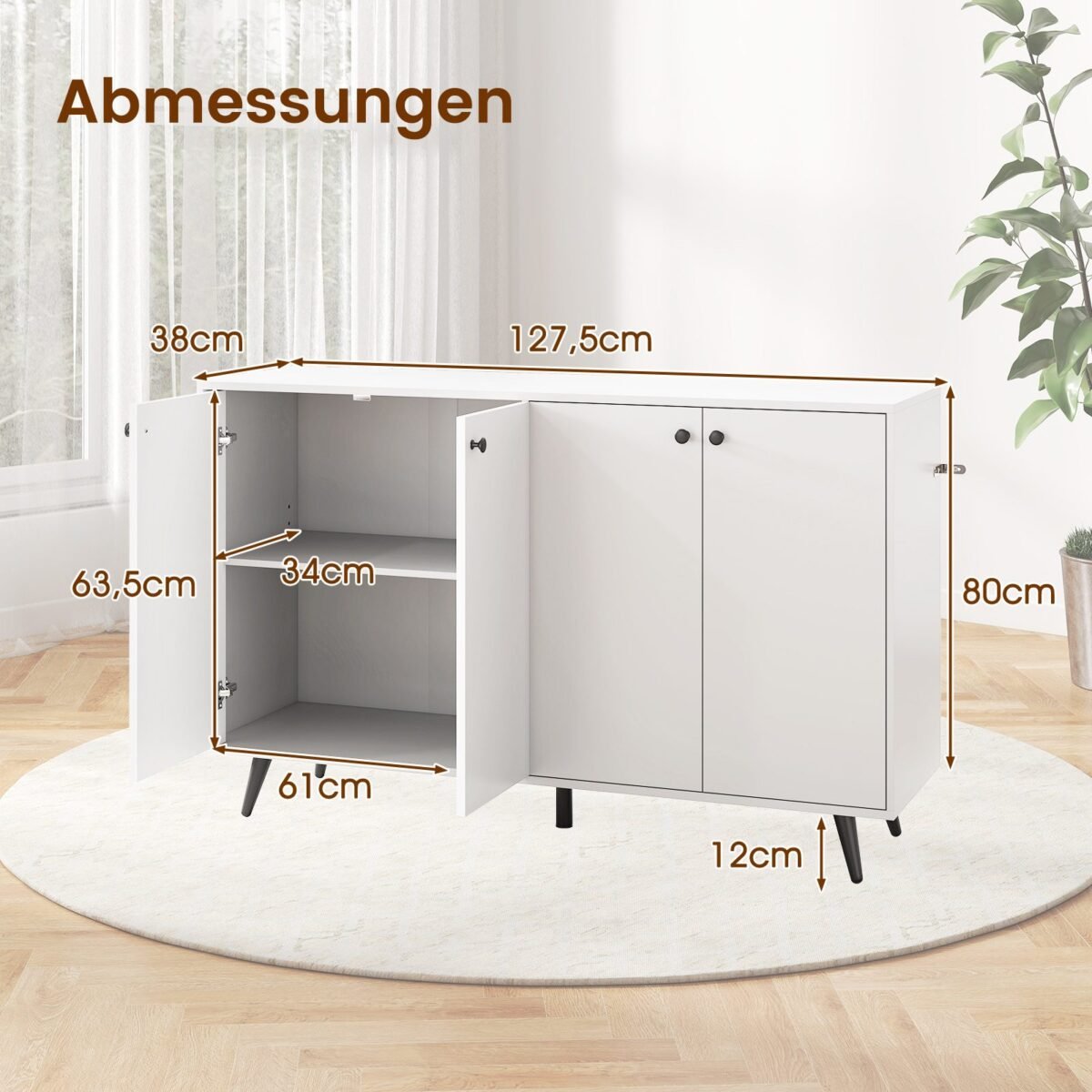 Tvirtas 4 durų komoda su reguliuojamomis lentynomis (Balta)