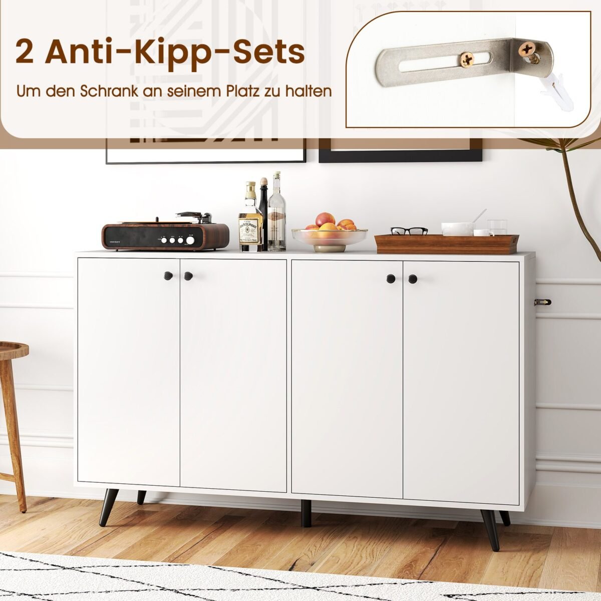 Tvirtas 4 durų komoda su reguliuojamomis lentynomis (Balta)