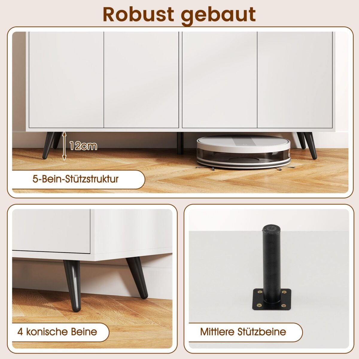 Tvirtas 4 durų komoda su reguliuojamomis lentynomis (Balta)