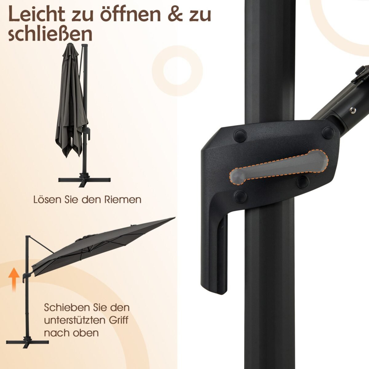 Šoninis skėtis nuo saulės 300x300 cm su rankenėle ir 360° sukimosi funkcija (Tamsiai pilka)