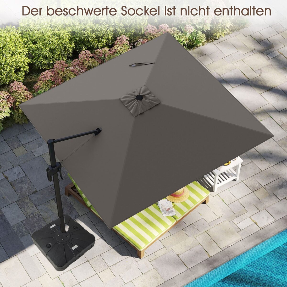 Šoninis skėtis nuo saulės 300x300 cm su rankenėle ir 360° sukimosi funkcija (Tamsiai pilka)