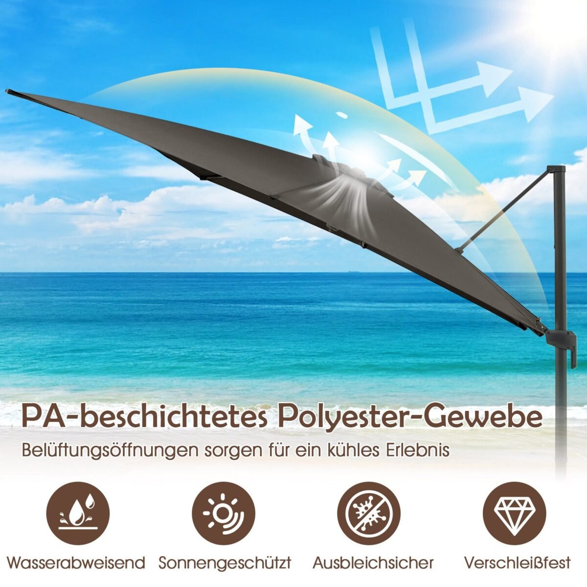 Šoninis skėtis nuo saulės 300x300 cm su rankenėle ir 360° sukimosi funkcija (Tamsiai pilka)