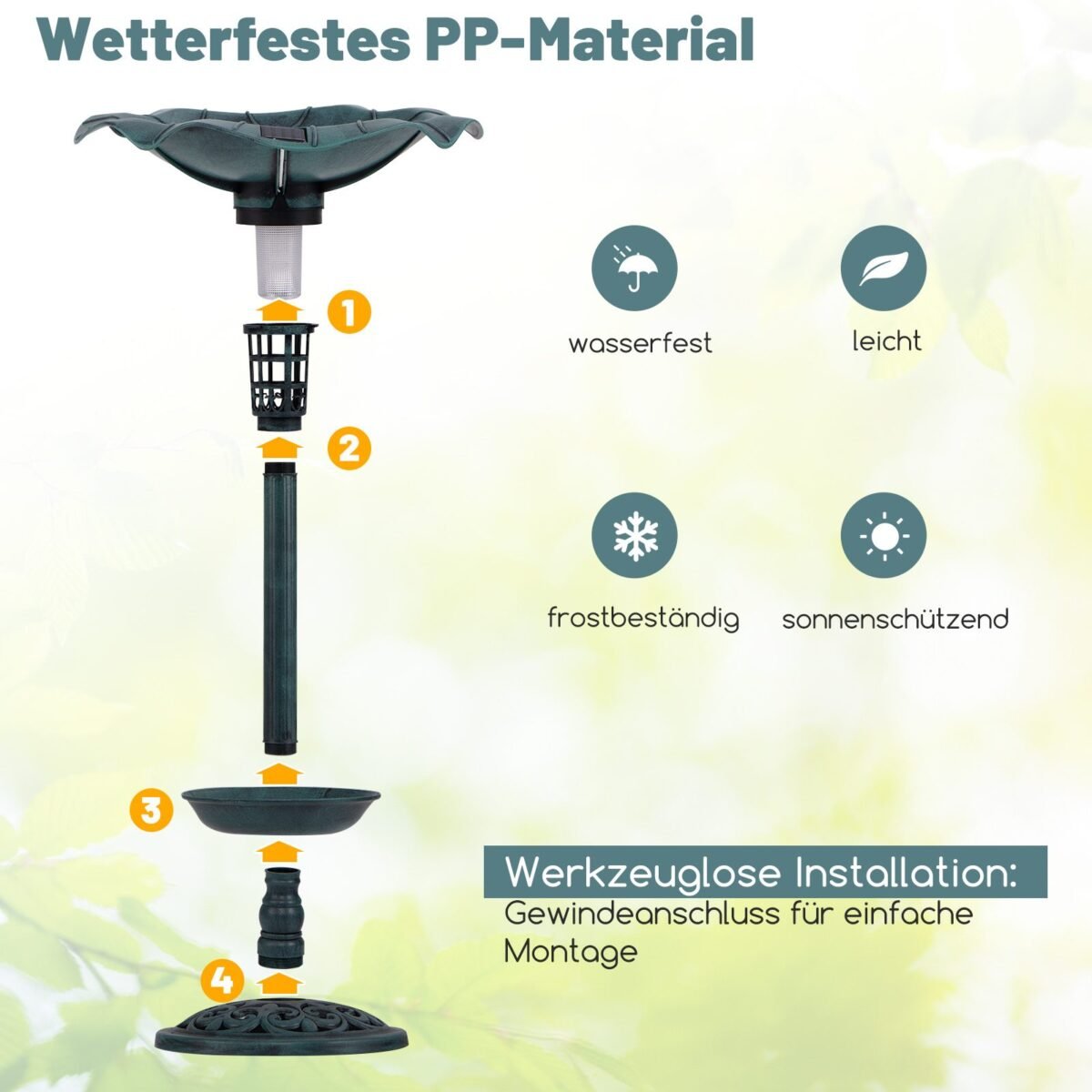 Vandens ir maisto indas paukščiams su saulės šviestuvu ir augalų vazonu (Žalia)