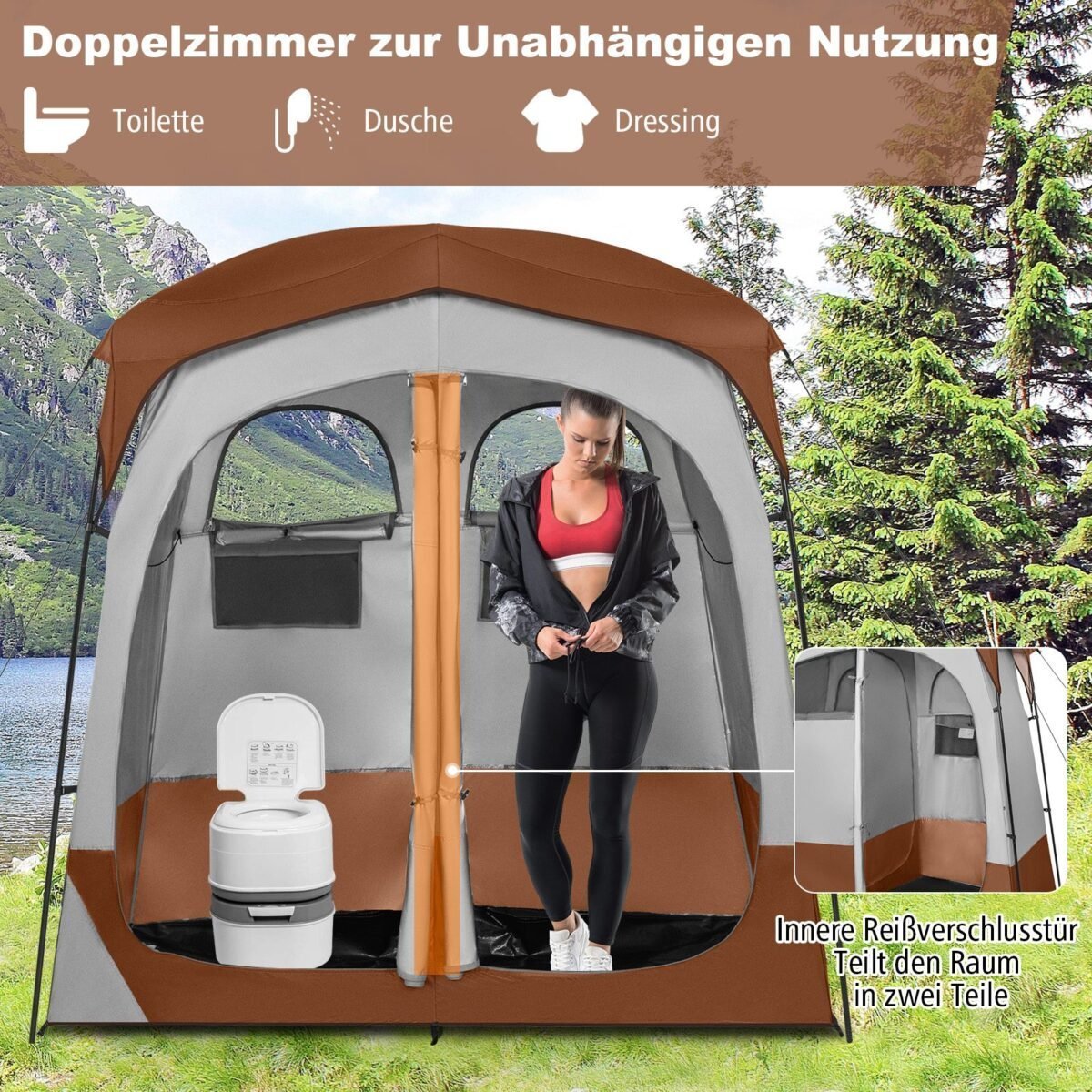 Tualeto ir dušo palapinė su pertvaromis (Ruda)