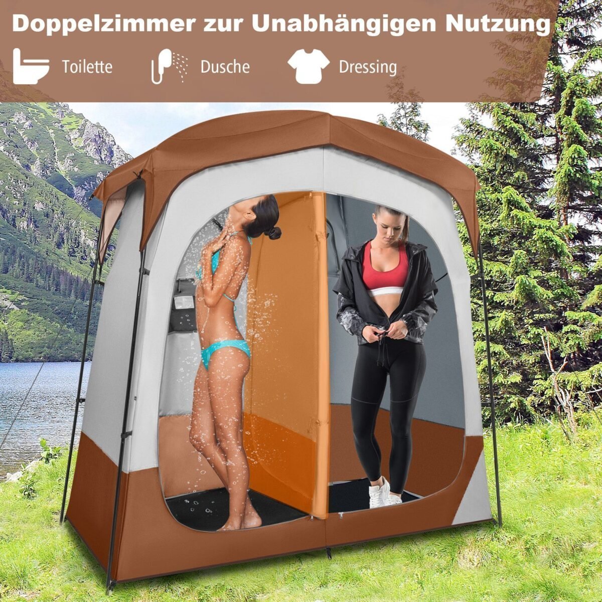 Tualeto ir dušo palapinė su pertvaromis (Ruda)