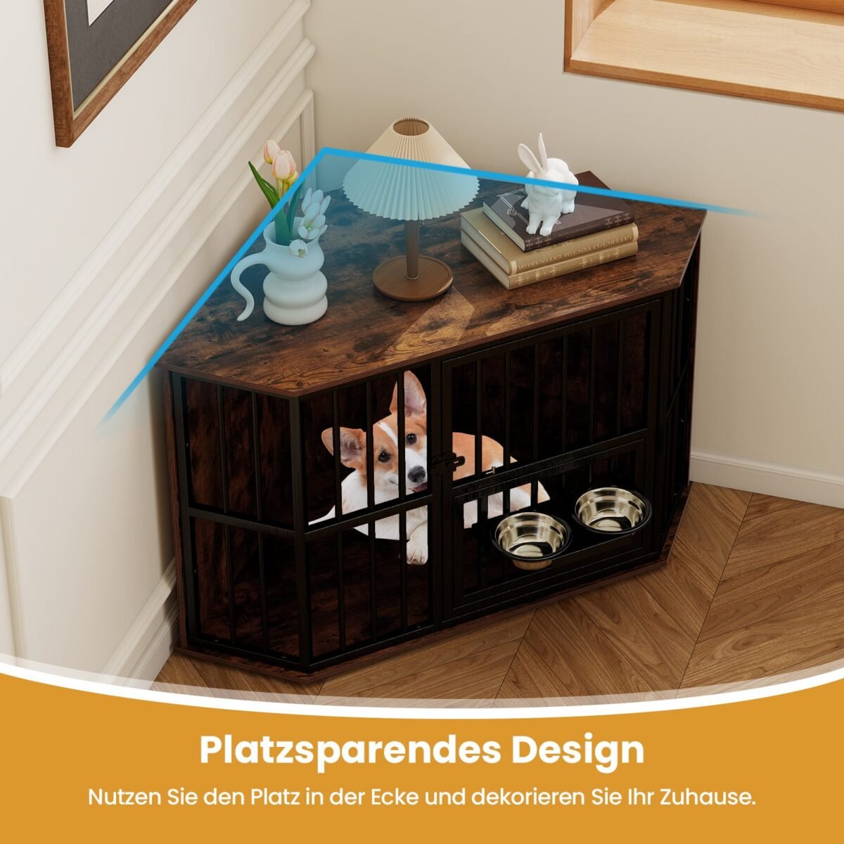 Erdvus kampinis šunų narvas su dviem nerūdijančio plieno dubenėliais (Ruda)