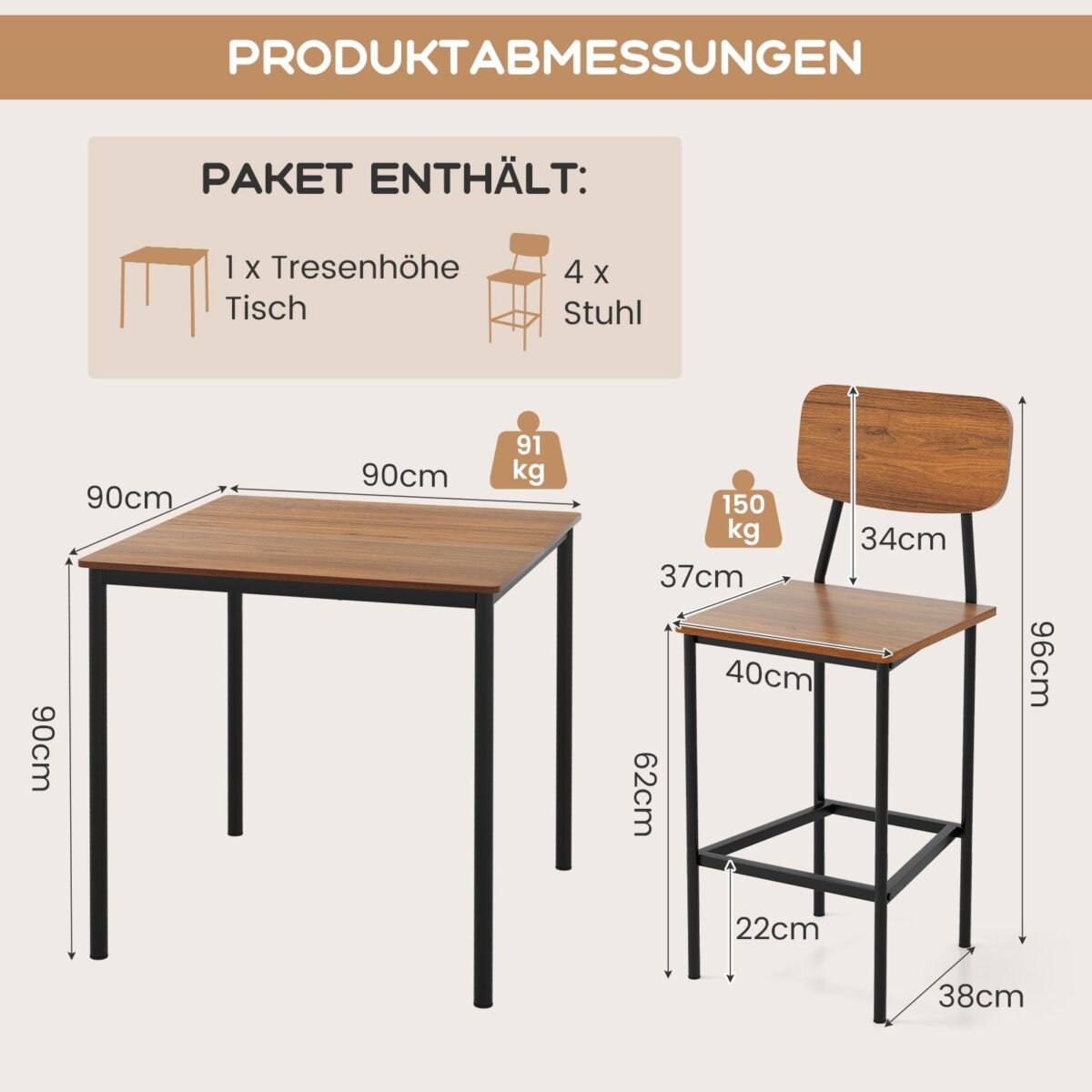 Virtuvės stalas su 4 baro kėdėmis natūrali medžio apdaila (Ruda)