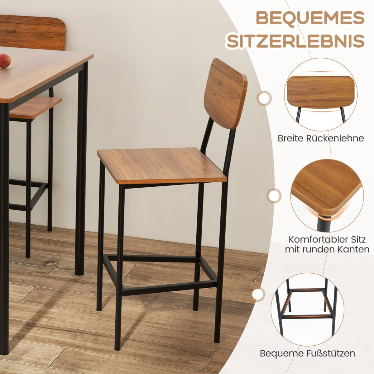 Virtuvės stalas su 4 baro kėdėmis natūrali medžio apdaila (Ruda)