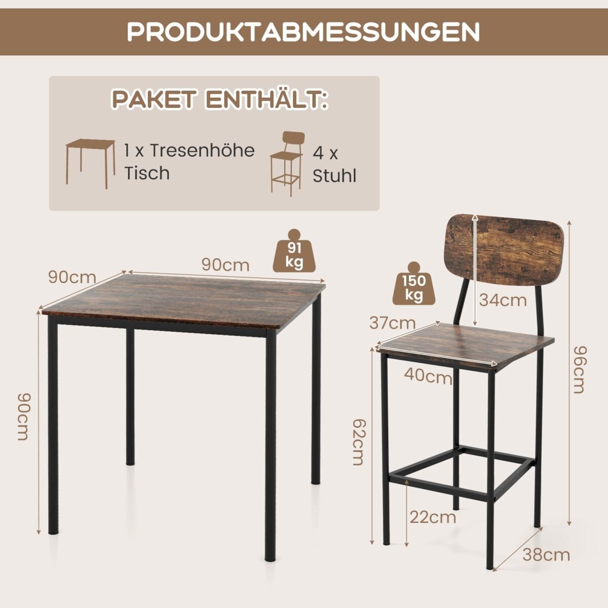 Valgomojo komplektas su 4 baro kėdėmis ir 4 stalais (Rustiška ruda)