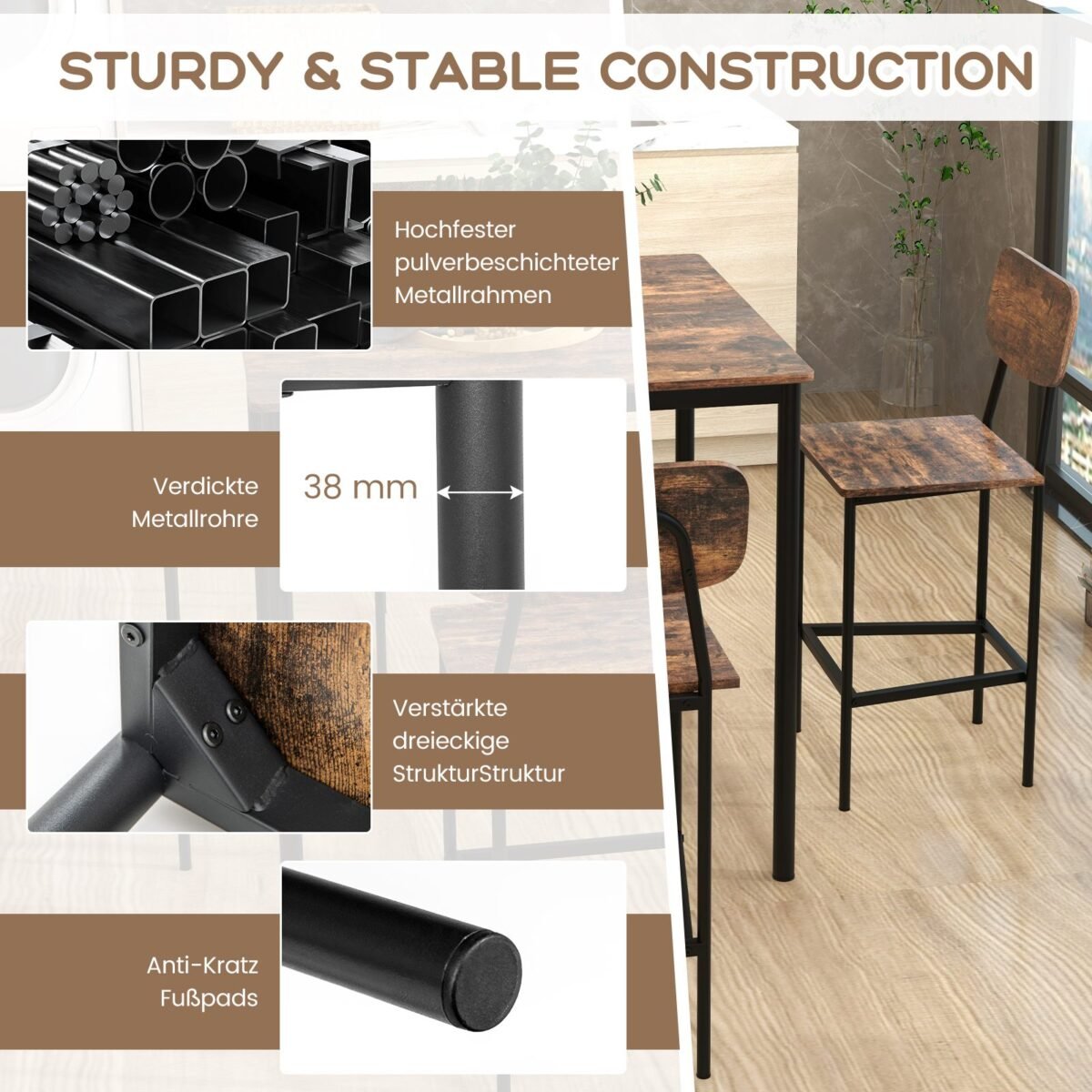 Valgomojo komplektas su 4 baro kėdėmis ir 4 stalais (Rustiška ruda)