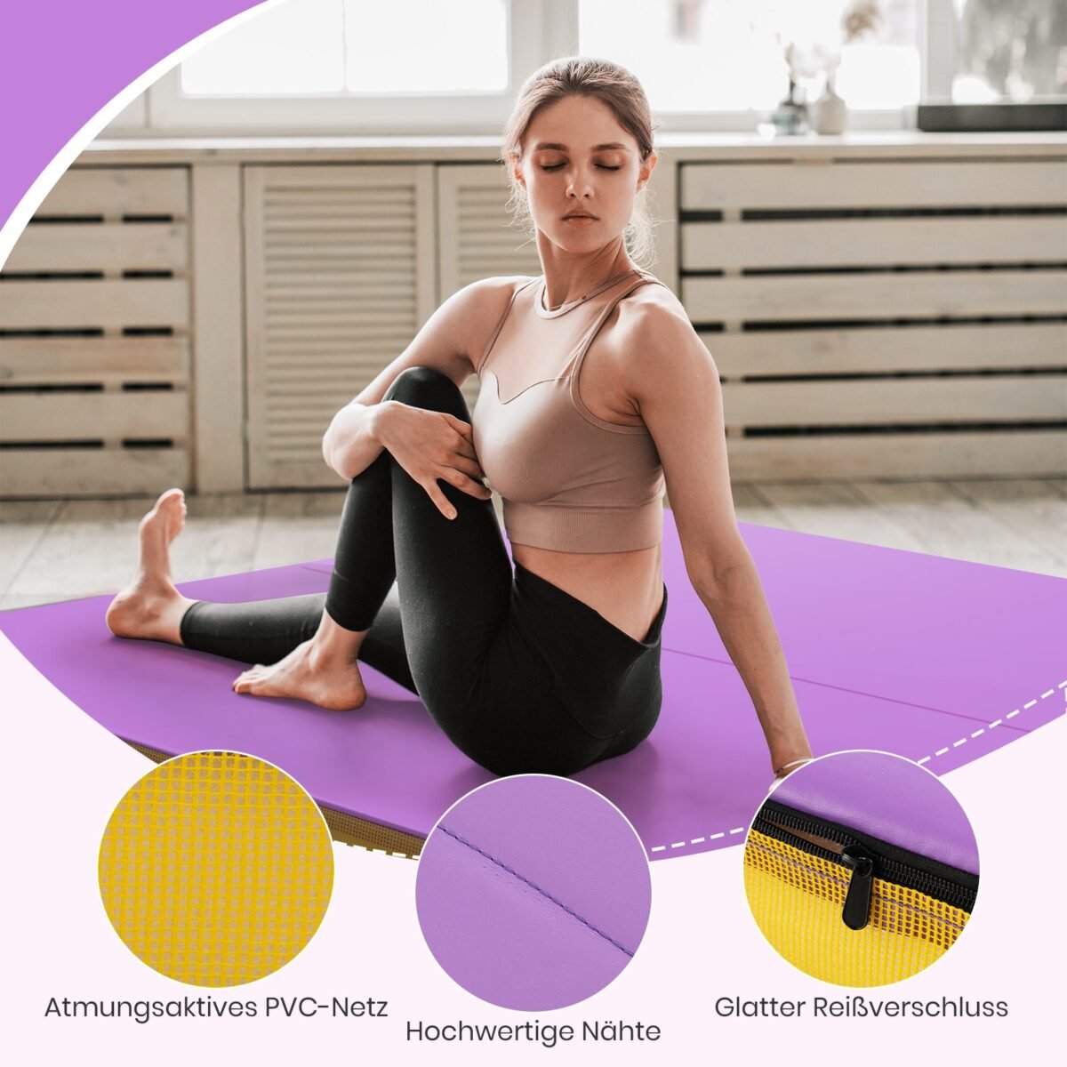 Sulankstomas gimnastikos ir akrobatikos čiužinys 122x122x10 cm (Violetinė)