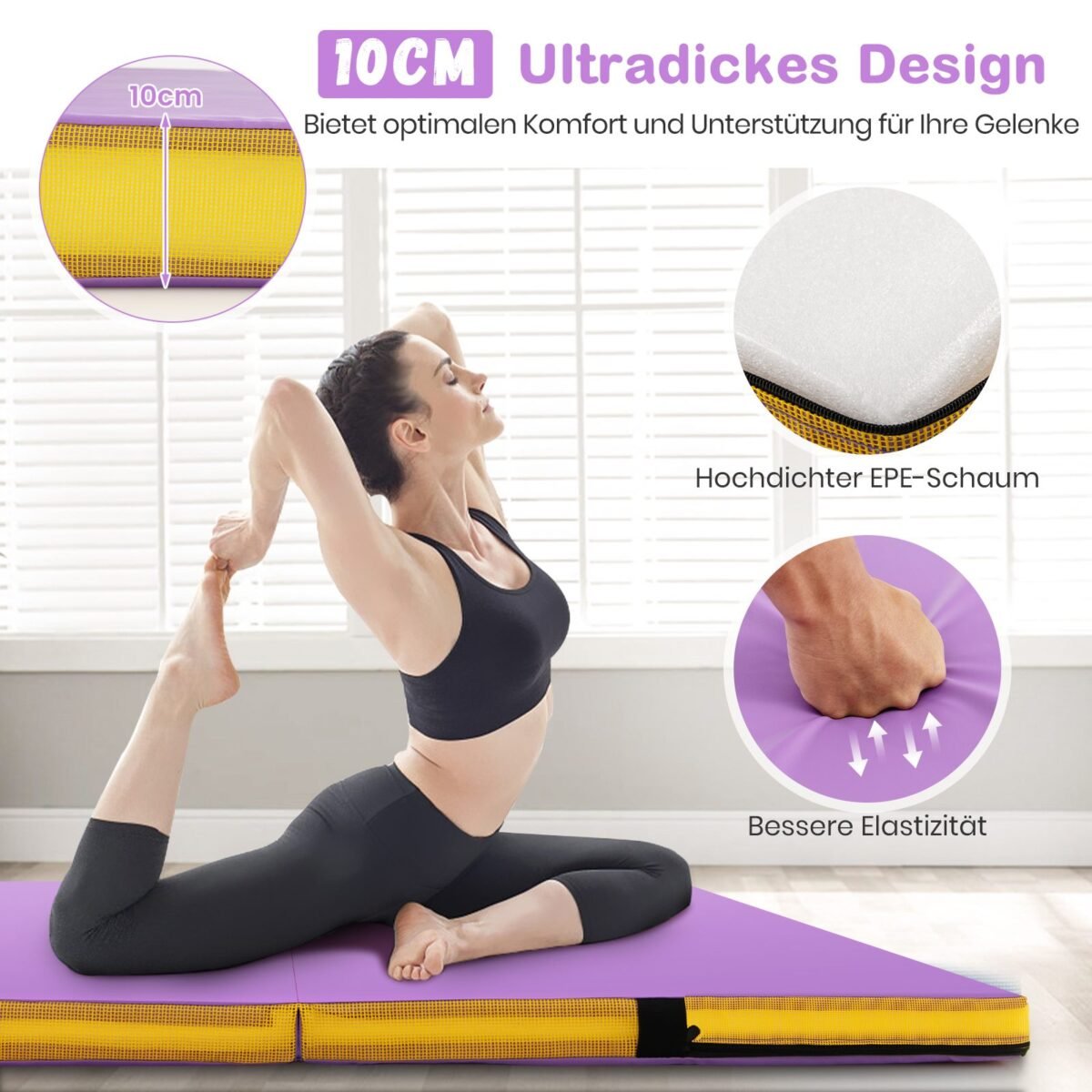 Sulankstomas gimnastikos ir akrobatikos čiužinys 122x122x10 cm (Violetinė)