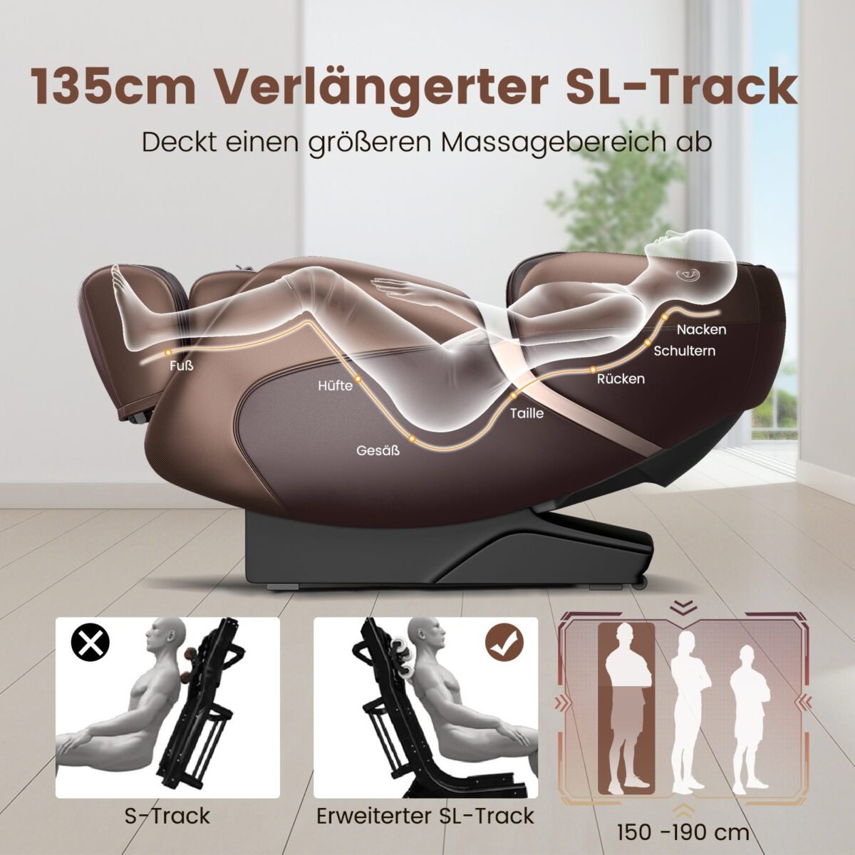 Viso kūno masažinis krėslas su SL trajektorija ir šildymo funkcija (Ruda)