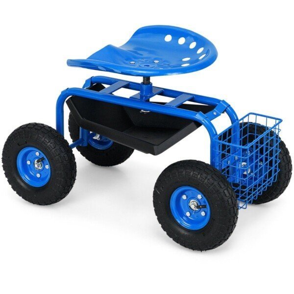 Sodo vežimėlis su ratukais reguliuojamu aukščiu ir pasukama sėdyne (Mėlyna)