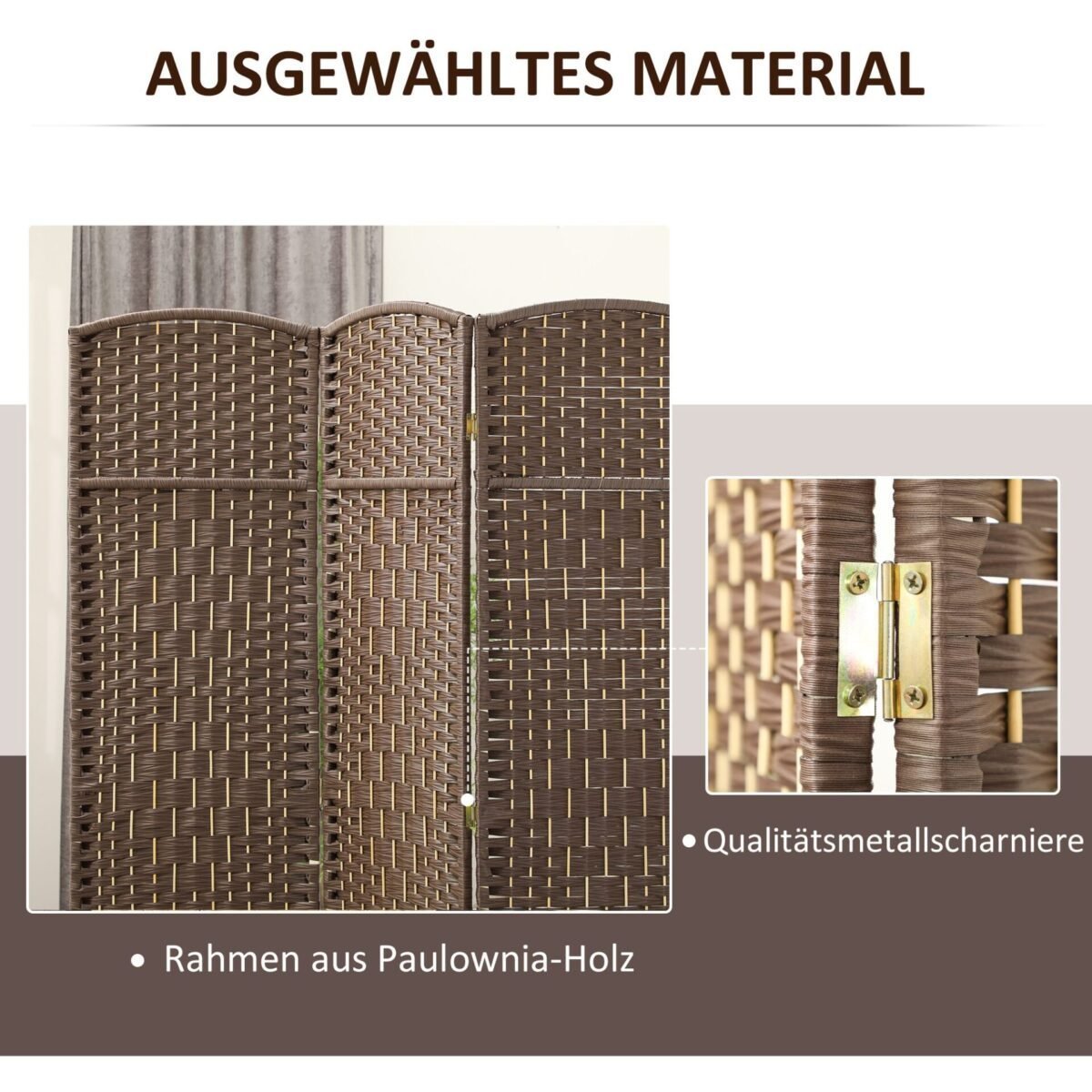 Trijų dalių sulankstoma kambario pertvara su pintais elementais ir pušies rėmu