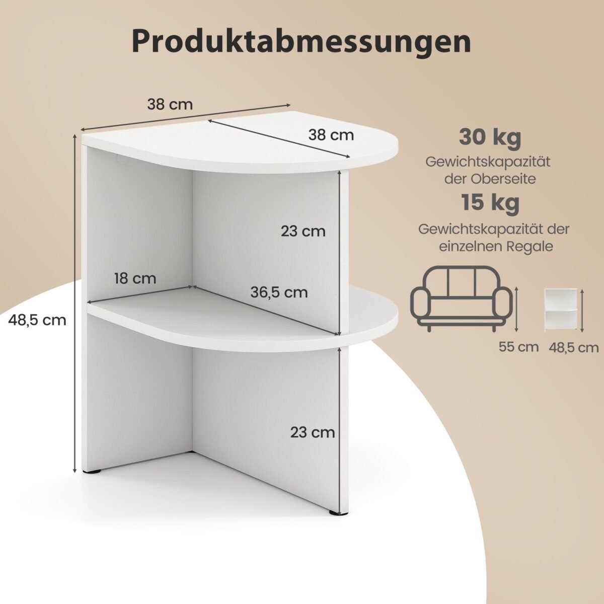 Pusapvalis staliukas su atviromis lentynomis (Balta)