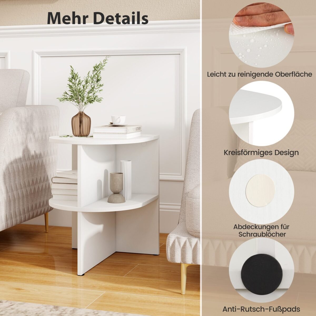 Pusapvalis staliukas su atviromis lentynomis (Balta)