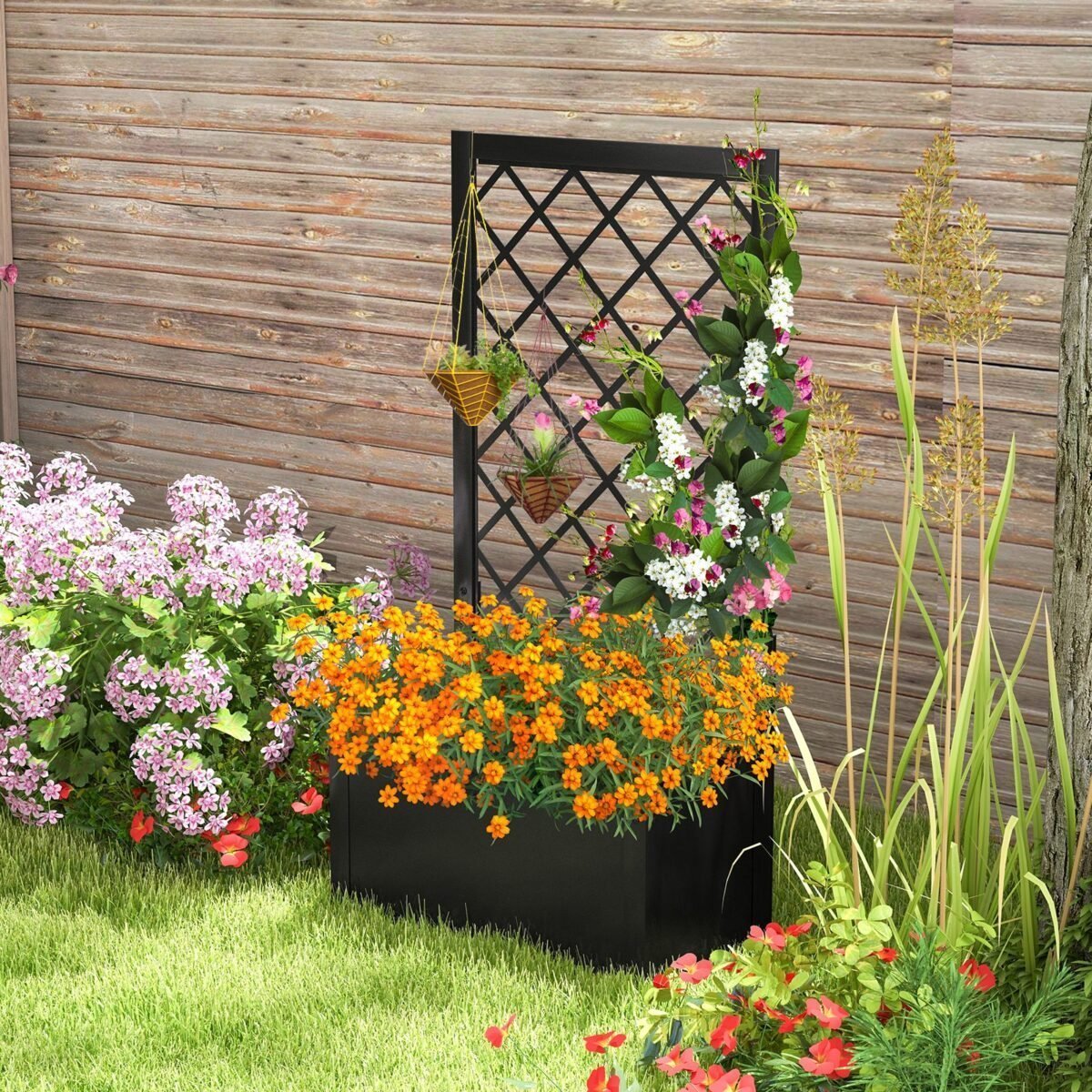 Pakeltas metalinis gėlynas su atrama (Juoda)