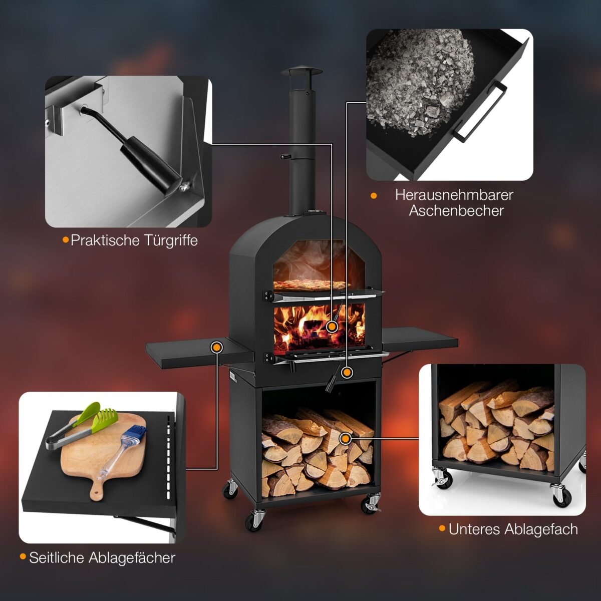 Lauko malkomis kūrenama picų krosnis su apsaugine danga (Juoda)