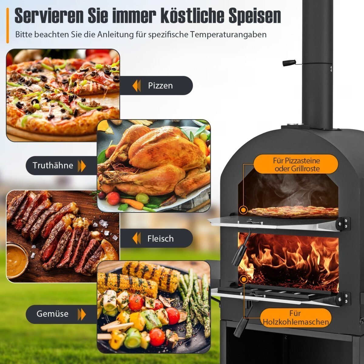 Lauko malkomis kūrenama picų krosnis su apsaugine danga (Juoda)