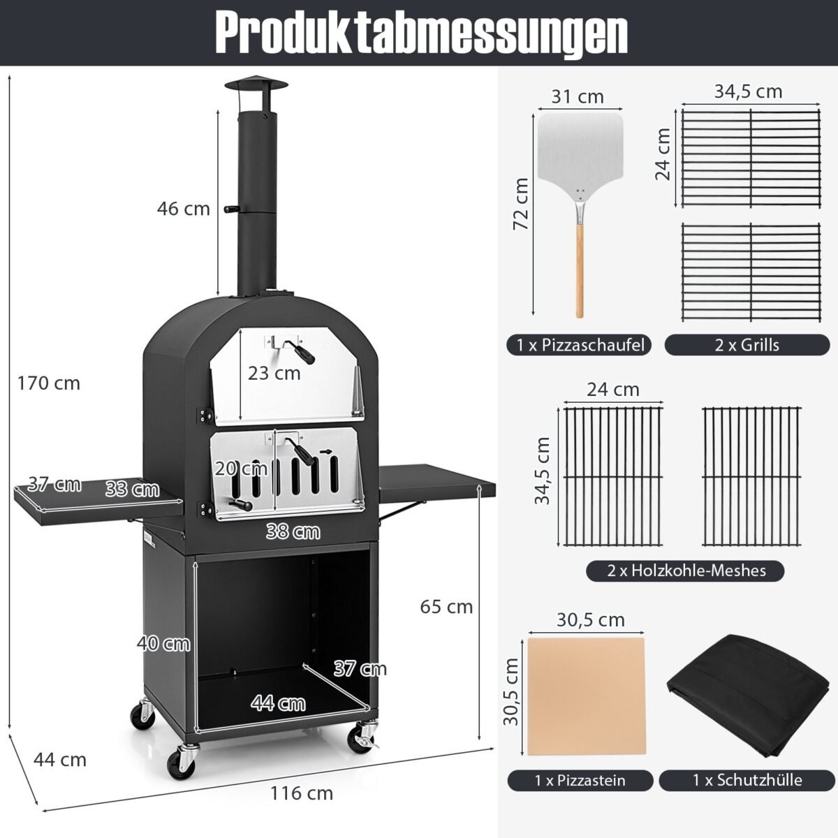 Lauko malkomis kūrenama picų krosnis su apsaugine danga (Juoda)