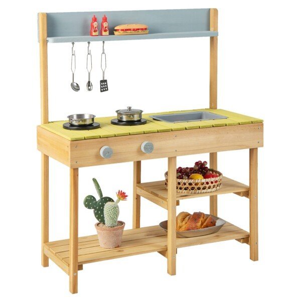 Medinė lauko virtuvėlė su priedais ir kabliukais (Natūrali)